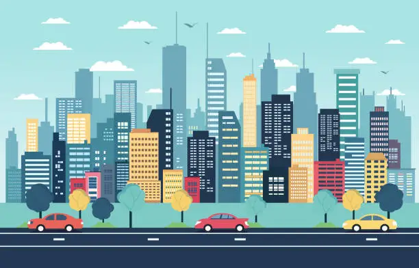 Vector illustration of Traffic Road in City with Skyscrapers Landscape Flat Design Illustration