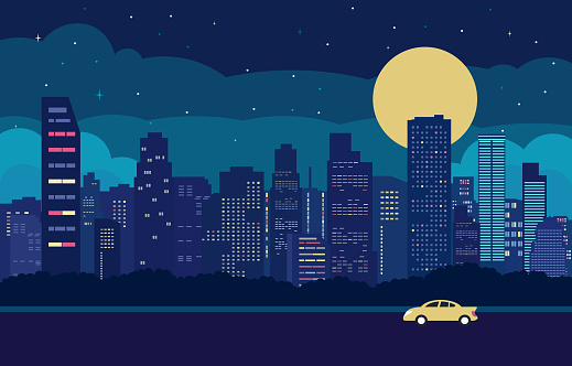 Traffic Road in City at Night with Cityscape Flat Design Illustration