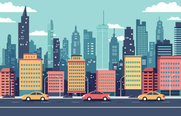 Vector illustration of Traffic Road in City Building with Cityscape Flat Design Illustration