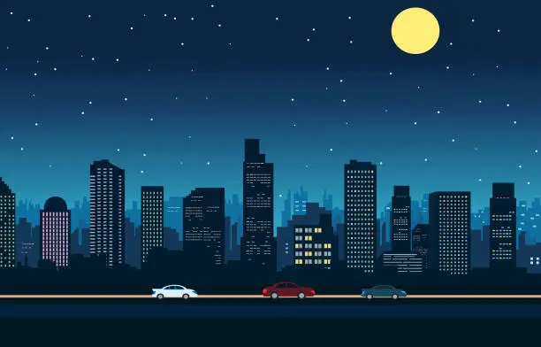 Vector illustration of Traffic Road in City at Night with Skyscrapers Landscape Flat Design Illustration