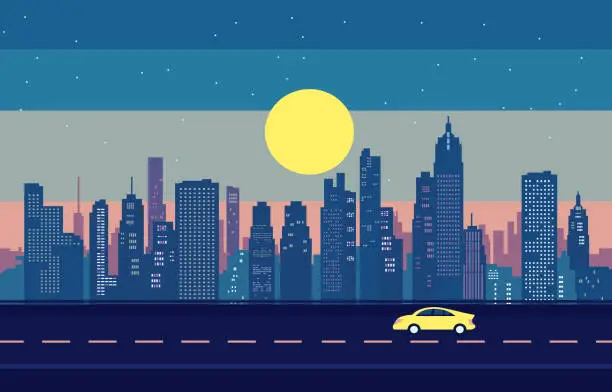 Vector illustration of Traffic Road in City at Night with Skyscrapers Building Flat Design Illustration