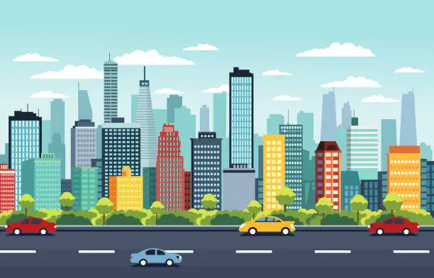 Vector illustration of Traffic Road in City Building Cityscape Flat Design