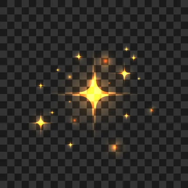 Vector illustration of Vector golden star shine effects, flash lights with sparkles and glow rays isolated on black background