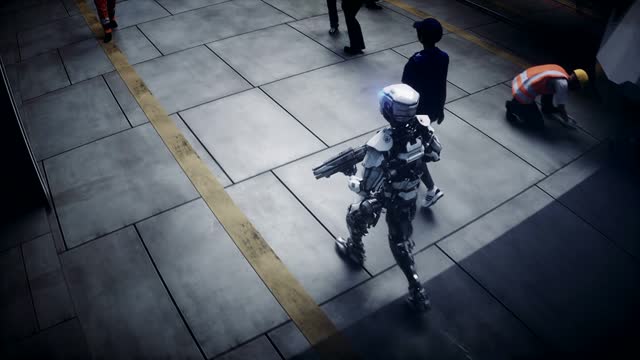 Robot walking. Production of military futuristic ship at the factory. Future concept. Realistic 4k animation.