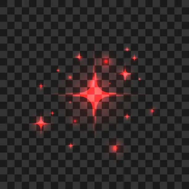 Vector illustration of Vector red star shine effects, flash lights with sparkles and glow rays isolated on black background