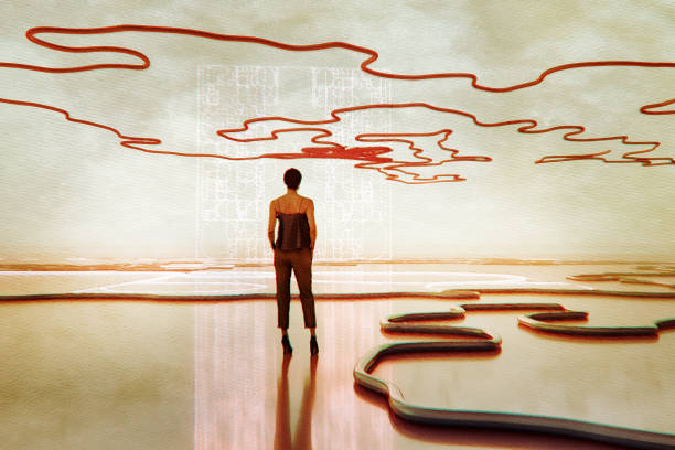 Abstract image of woman standing in VR environment. 3D generated image with post in PS.