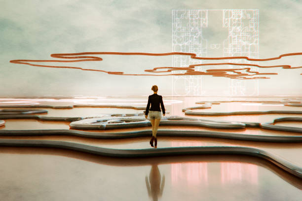 istock Abstract image of woman walking in VR environment 2082187620