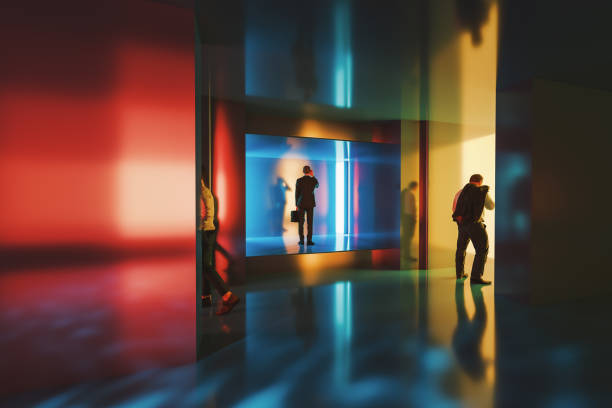 Businessmen walking in futuristic corridor