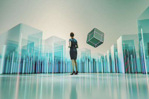 Woman standing in abstract glass maze. 3D generated image.