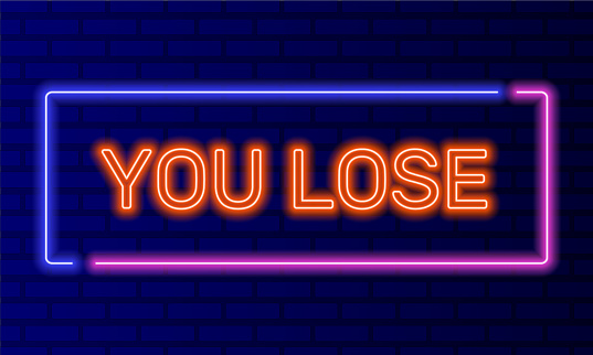 Neon sign you lose in speech bubble frame on brick wall background vector. Light banner on wall background. You lose button lame duck luckless, design template, night neon signboard.