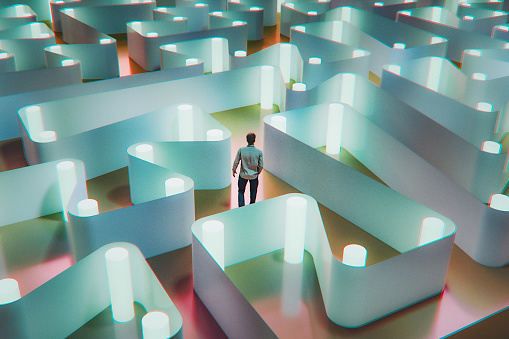 Man walking in abstract maze. 3D generated image.