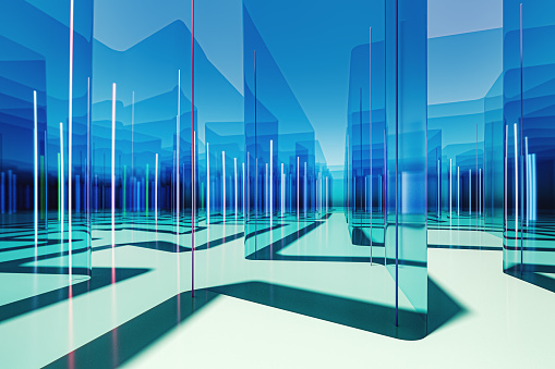 Futuristic glass streets. 3D generated image.
