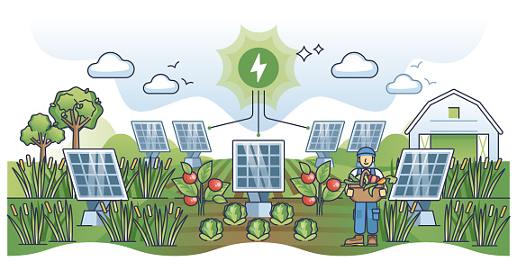 Agrivoltaics system for solar panels power and agriculture outline concept. Ecological combination of crops growth or gardening and sustainable, renewable electricity production vector illustration.