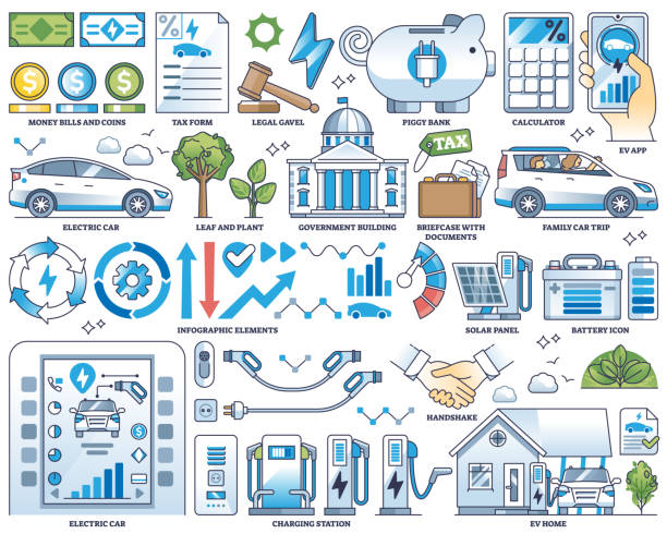 illustrations, cliparts, dessins animés et icônes de collecte des esquisses de la taxe sur les véhicules électriques et de l’aide financière à l’achat de véhicules électriques - tax collection
