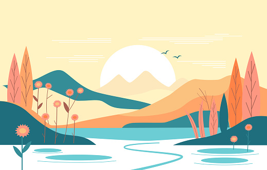 Flat Design Illustration of Hills Mountain View with Sun in Summer