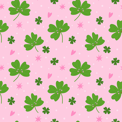 Good luck seamless pattern with green clover leaves, star, hearts on pink background. Cute St Patrick day vector print wallpaper, textile design, wrap paper. Funny childish lucky elements illustration