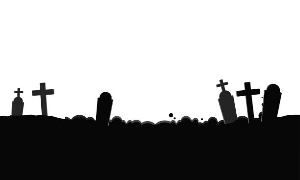 ilustrações de stock, clip art, desenhos animados e ícones de vector black silhouettes of tombstones crosses and gravestones cemetery elements cemetery panorama vector - forest black forest sky night