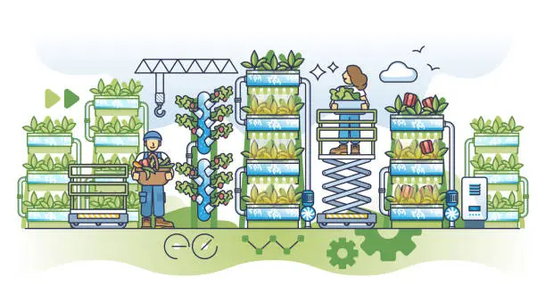 Vector illustration of Vertical farming as agriculture using smart irrigation system outline concept