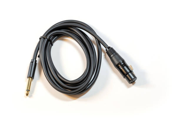 istock Coiled black audio cable featuring a 1 4 inch jack on one end and an XLR male connector on the other, isolated on white background, nobody. Professional mic microphone studio cable object, nobody 2082288357