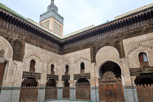 Panoramic view of Algambra palace in Granada. Famous attraction in province of Malaga, Andalusia, Spain.