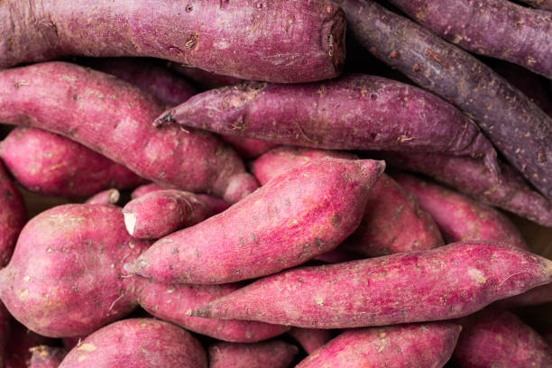 istock Organic raw sweet potatoes background, Top view 2082300611