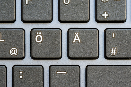 Close-up showcasing the Ö and Ä with diaeresis keys on a sleek modern computer keyboard, usually associated with different Germanic and Scandinavian languages. Input methods, language learning concept