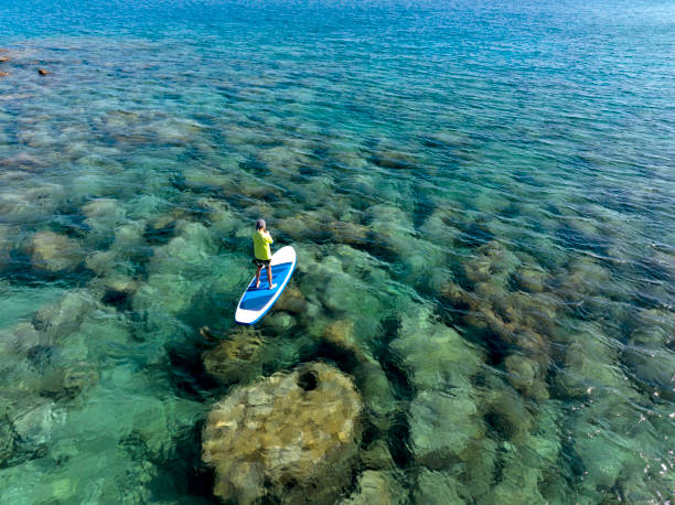 istock Aerial view of man floating on a stand up paddle 2082302271