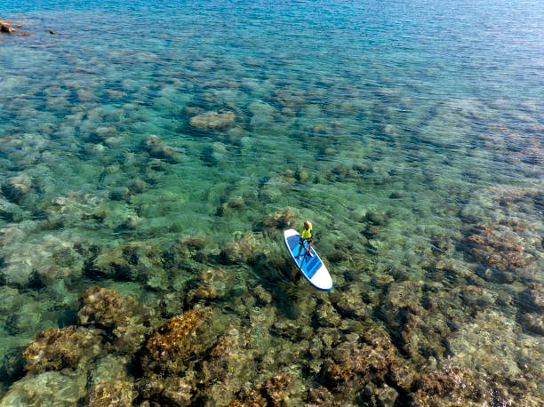 istock Aerial view of man floating on a stand up paddle 2082302273