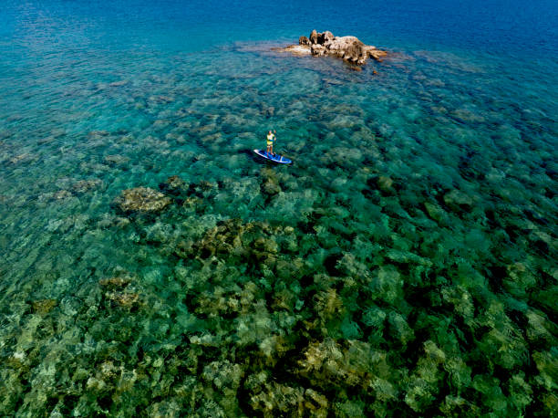 istock Aerial view of man floating on a stand up paddle 2082302276