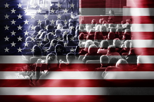 Group of People on American Flag background. Americans citizen concept. Independence Day. 4 July.