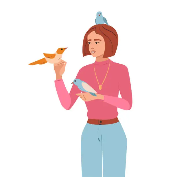 Vector illustration of Young Woman Feeding and Holding Birds Vector Illustration. Pet owner