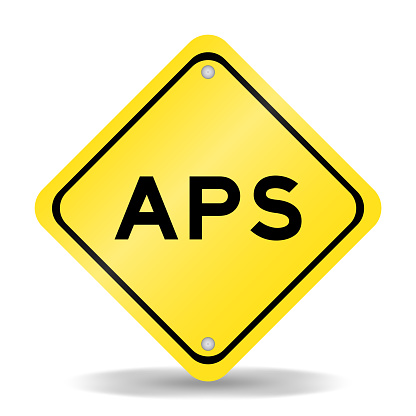 Yellow color transportation sign with word APS (Abbreviation of Account payable system or Advanced planning and scheduling) on white background