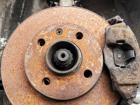Rusty Car Brake Rotor and Caliper Close-Up