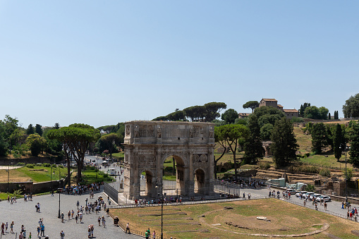 Rome, Italy - August 14 2023: Arch of Constantine near Colosseum as a tourist attraction in Rome, Italy