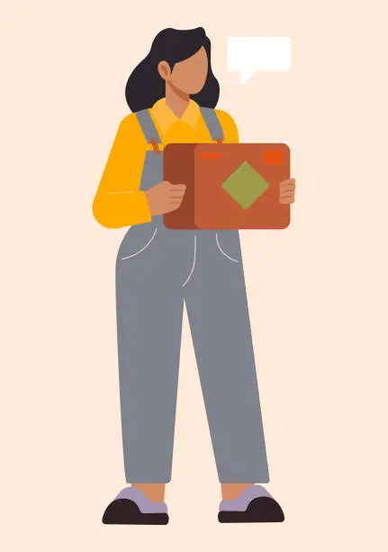 Vector illustration of Flat Character, minimalist vector illustration, cartoon style illustration, woman wearing overalls carries a parcel box