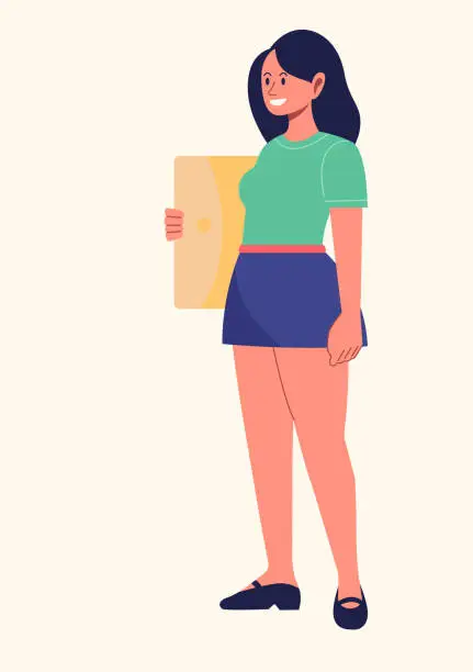 Vector illustration of Flat Character, minimalist vector illustration, cartoon style illustration, a woman wearing a green top and blue shorts skirt holding a brown folder