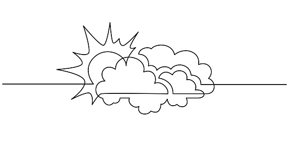 Continuous line sun with clouds sketch. One line doodle art drawing, creative weather icon isolated. Editable thin stroke