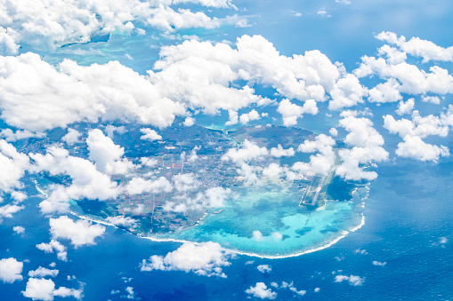 Blue sea and islands seen from an airplane