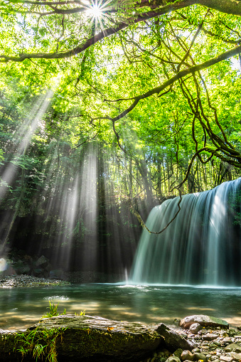 Nabegataki Falls illuminated by sunlight