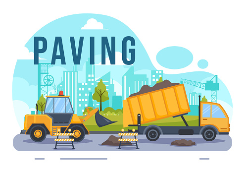 Paving Vector Illustration with Road Construction and Highway Maintenance Workers Working on Asphalt Roads with Drilling Machine in Flat Background