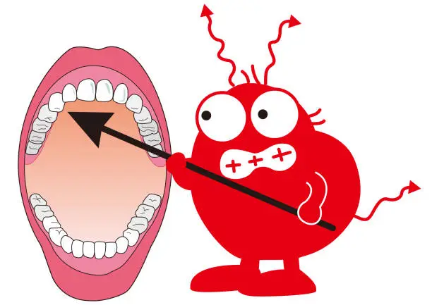 Vector illustration of Healthy teeth and the humorous character tooth decay bacteria that target them.