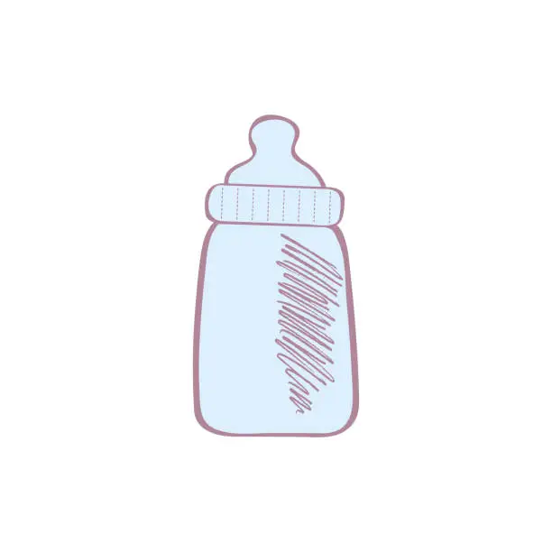 Vector illustration of Vector bottle for the newborn with a pacifier handdrawn in doodle style