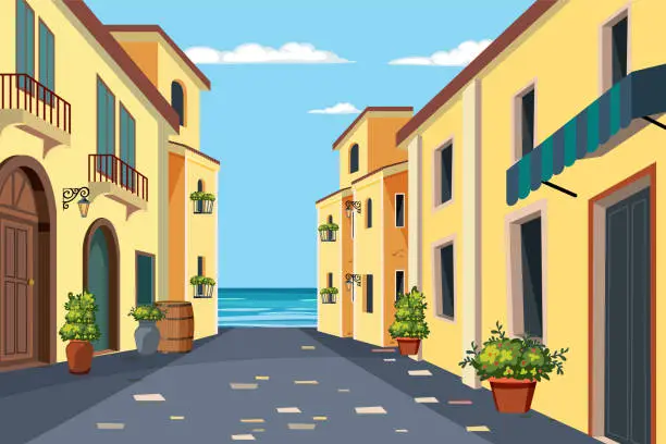 Vector illustration of Colorful vector illustration of a quaint coastal street.
