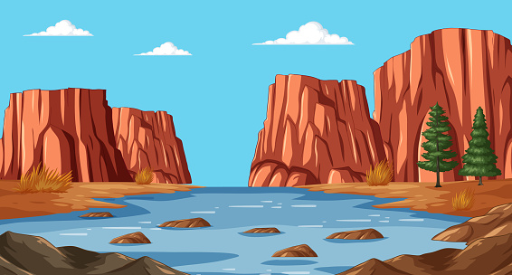 Vector illustration of a tranquil river canyon