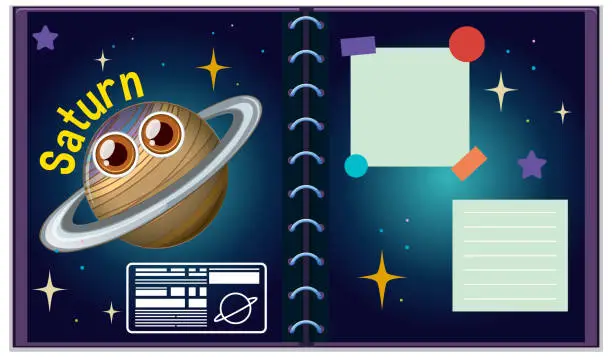 Vector illustration of Animated Saturn character inside an open notebook