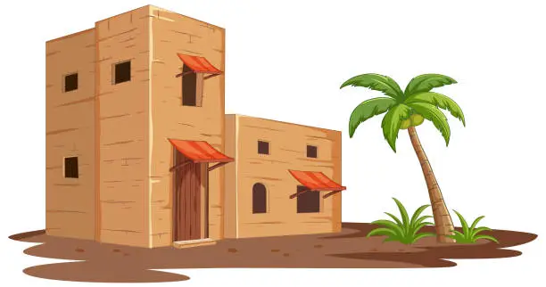 Vector illustration of Vector illustration of adobe buildings with palm tree