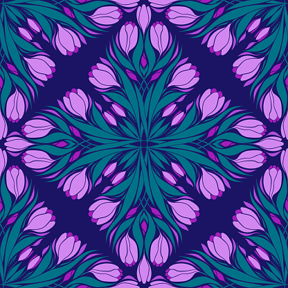 Vector seamless kaleidoscope pattern with crocuses. Art nouveau surface design with decorative iris on violet background. Spring floral texture with bouquets for wallpaper, wrapping paper