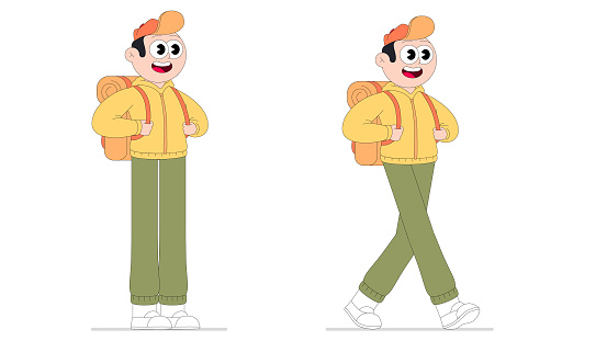Tourist boy in standing and walking pose, vector illustration.