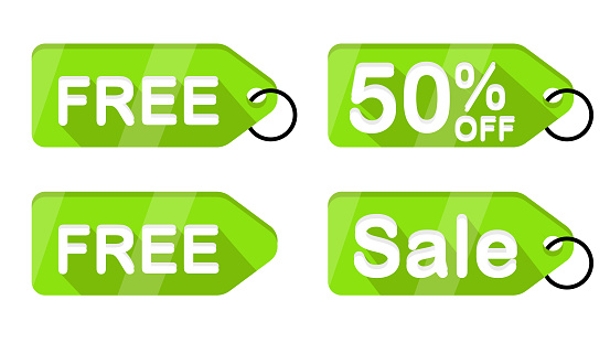 Green sale tag with white text. vector illustration
