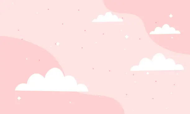 Vector illustration of Vector red fairytale sky background with stars. white and pastel color clouds for imaginary world